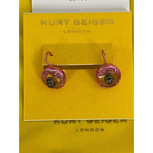 Kurt Geiger London Pink Round Brass Eagle Head Motif Center Leverback Earrings - Picture 2 of 4
